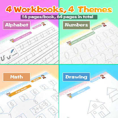 4 Magic Grooved Writing Practice for Kids - English Pre K Tracing Practice Book, Reusable Preschool Handwriting Workbooks Without Tears, 4-Theme Copybooks with Pen Refill for Age 3-10 (English, Small)
