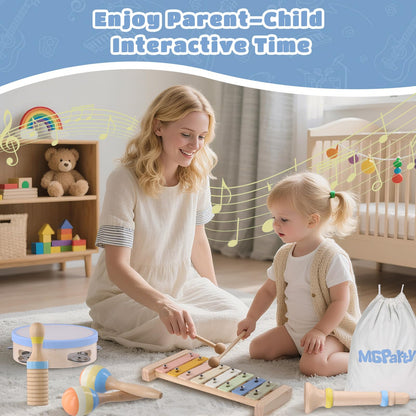 Baby Musical Instruments, Montessori Wooden Musical Toys for Toddlers 1–3, Xylophone Tambourine Triangle Maracas, Wooden Baby Instruments, Kids Preschool Educational Toys, Birthday Gift for Boys Girls