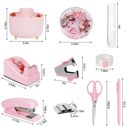 Gawsey Pink Desk Organizers and Accessories Set with 360-Degree Rotating Pen Holder, Tape Dispenser, Stapler, Staple Remover, 1000 Staples, Tape, Clips Set, Ruler, Scissor, Pen