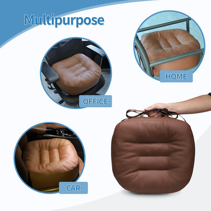 YOUFI Leather Seat Cushion Extra-Thick Booster for Office Chair to Rise Height - Full Filling for Support - with Breathable Cover, Handle and Buckle - Relieves Back Pain – 18"x16"x6" (Brown)