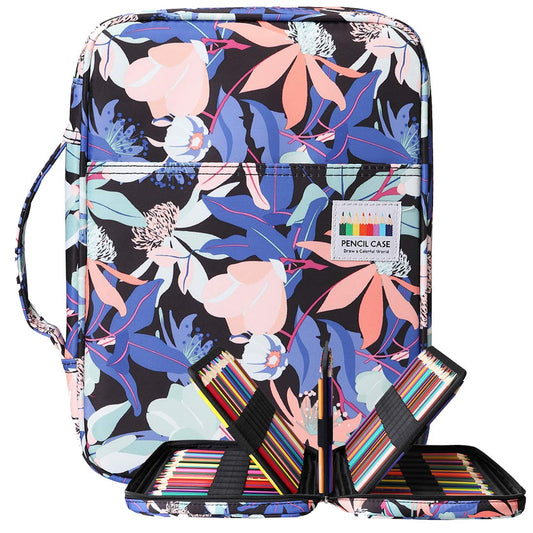 BOMKEE Coloring Pencil Case 220 Slots Pencils/Gel Pens Organizer Waterproof Travel Case Zipper Carrying Portable Pencil Markers Pen Holder Bag for Painter Writers (Penglai Flower)