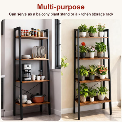 DUMOS Ladder Shelf, 4-Tier Display Bookshelf, Industrial Style Storage Standing Shelf, Decorative Shelves with Stable Frame for Living Room, Bedroom, Office, Kitchen, Bathroom, Brown