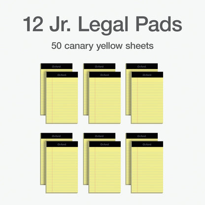 Oxford Premium Legal Pads, 12 Pack, Premium Note Pads, 50 Jr. Legal Ruled 5" x 8" Sheets, Canary Yellow Paper with Firm Back, Small Portable Notepads