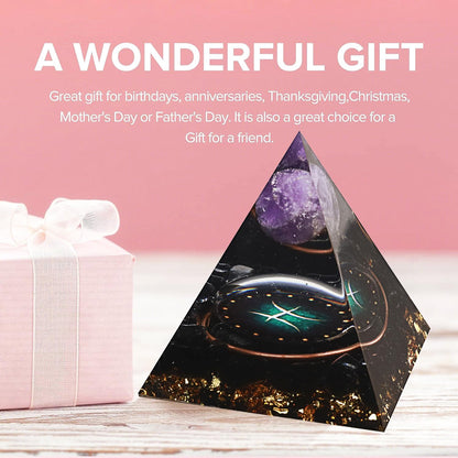 12 Zodiac Orgone Crystal Pyramid, Natural Amethyst with Obsidian,Healing Crystals Pyramid for Protection Chakra, Unique Constellation Pyramid for Positive Energy, Healing Money Health(Pisces)