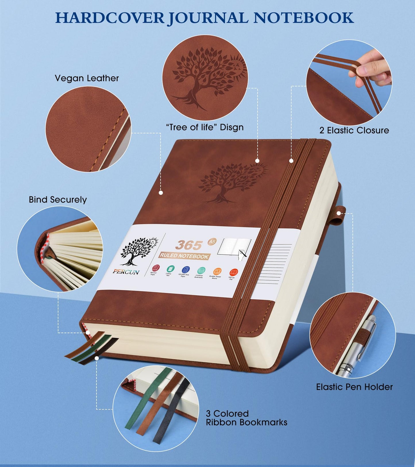 A5 Lined Journal Notebook - 365 Page Leather Journals for Writing Women & Men，Hardcover Notebook with 100Gsm Thick Pages，Daily Diary for Travel, Work，School，Note Taking，College Ruled (5.9" x 8.5")