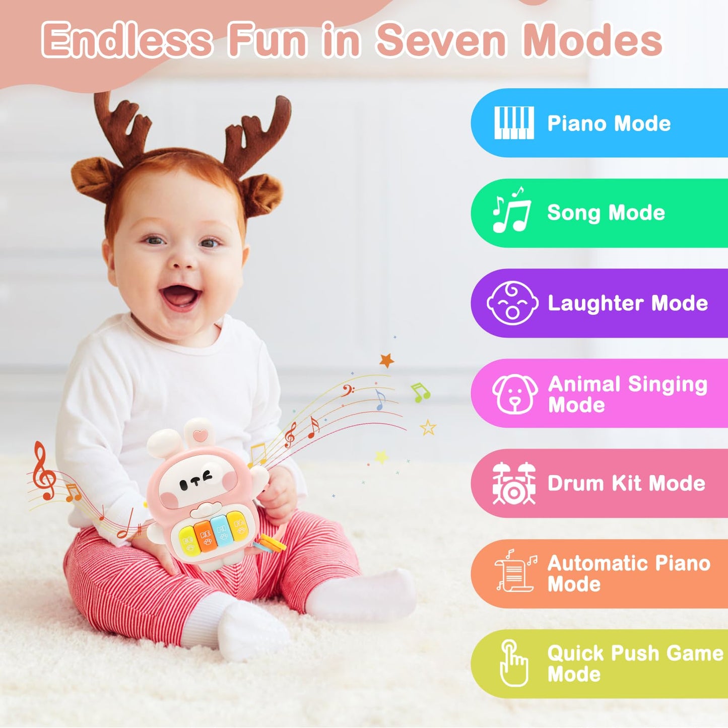 Redbeann Baby Musical Toys 6-12 Months, Rabbit Piano for Baby Musical Toys for Toddlers 1-3, Busy Board with Music & Light, Birthday Toy for Infant Toddler 1 Year Old Boy Girl Gifts (Pink)