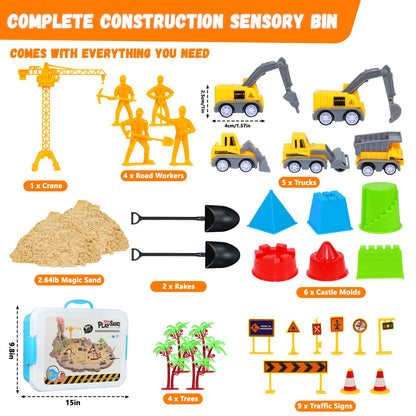 BlingCnsy Construction Sensory Bin with Lid, 2.2lbs Magic Sand & 5 Construction Trucks, Sensory Sand Kit Construction Toys for 3 4 5 6 7 8+ Year Old Boys Toddlers Christmas Birthday Gift