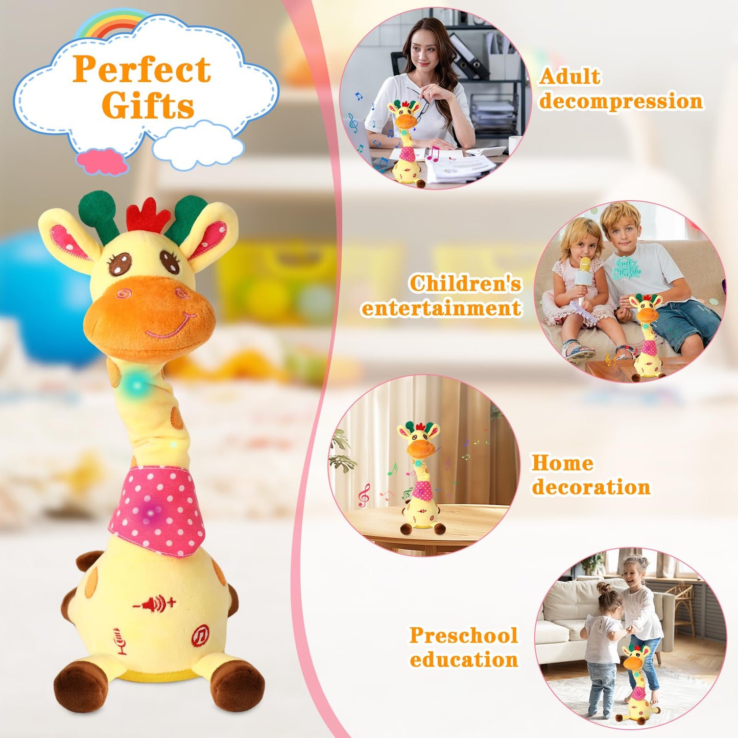 LLUKEME Dancing Talking Giraffe Toy for Baby Girl & Boy, Interactive Stuffed Animal Baby Toy Repeating What You Say, Glowing Musical Giraffe Gifts for Toddlers 1-3 Years Old, for Kids (Giraffe)