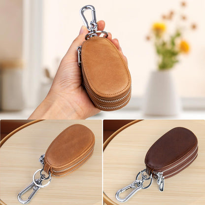 UVKDEENK 2 Pack Mens Vintage Key Case, Retro Genuine Leather Car Key Fob Holder, Key Organizer with Metal Hook Keyring, Double Zipper Key Coin Bag Coffee Brown