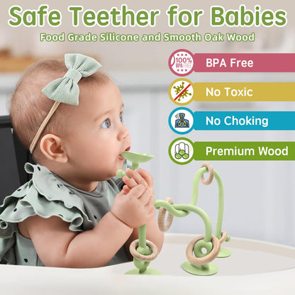 Baby Sensory High Chair Suction Toys for Infant Toddlers 12 18 Months, Food Grade Silicone String with Oak Loop Montessori Educational Parent-Child Baby Bath Toy Gift for Birthday (Green)