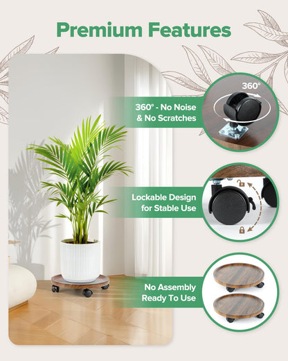 AZADESJET 2 Pack Plant Caddy with Wheels, 14" Wood Rolling Plant Stand with 360° Lockable Wheels, Plant Stands Outdoor for Large Plants, Flower Cart Plant Dolly Plant Caster for Heavy Objects, Walnut