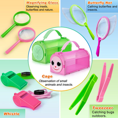 YOPINSAND Bug Catcher for Kids, 10 Pcs Outdoor Exploration Kit with 2 Cages, Tweezers, Magnifying Glass, Nets, Whistles - Gift for Boys & Girls Aged 3-12