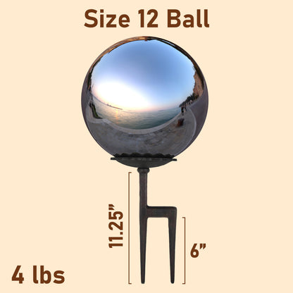 Lulu Decor, Silver Stainless Steel Gazing Mirror Ball Size 12 with cast Iron Screw Stand (for Windy Area)