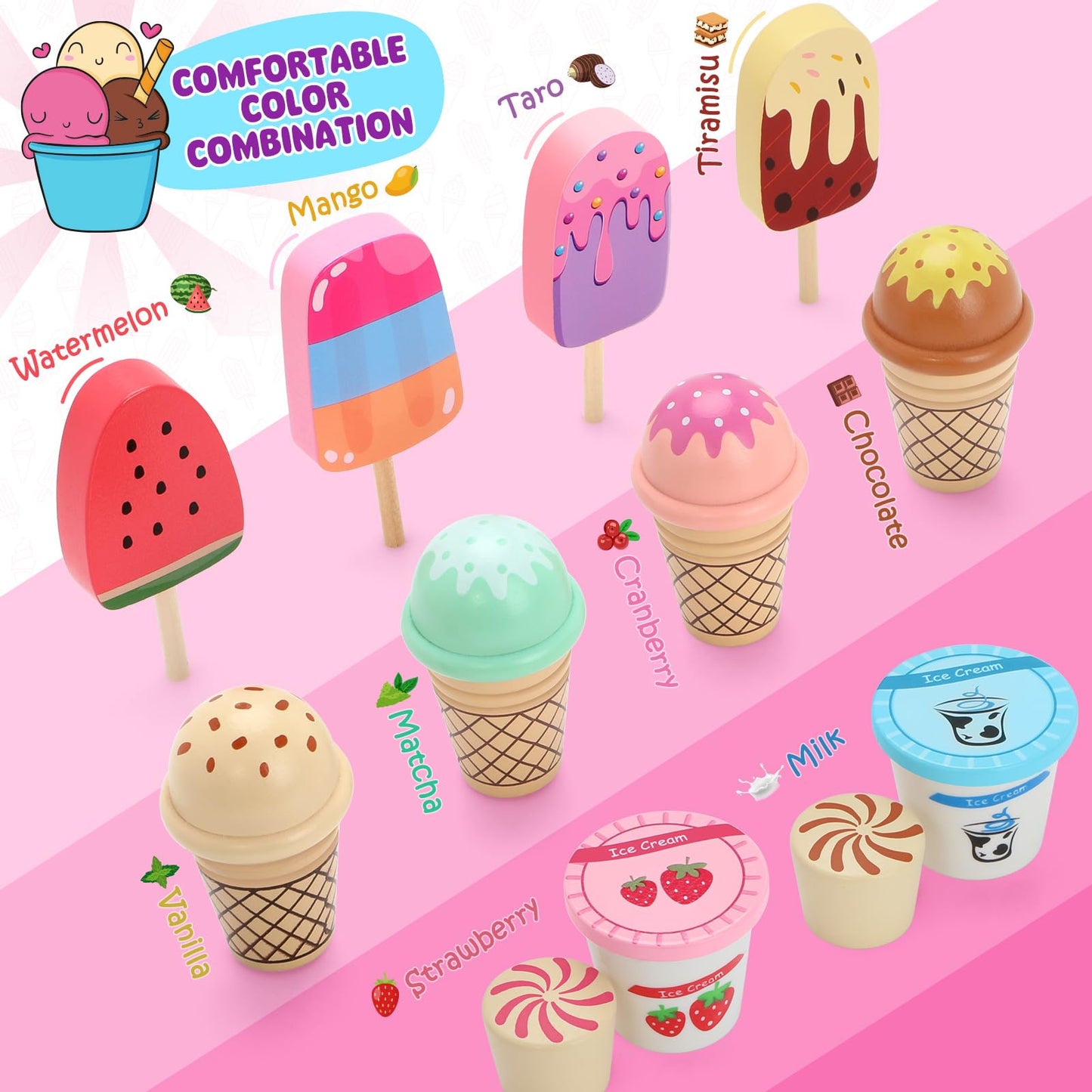 INNOCHEER Ice Cream Toy, Wooden Ice Cream Play Set, Pretend Play Kitchen Toys, Ice Cream Toys for Toddlers, Ice Cream Shop Playset Play Store, Gifts Toys for 3 4 5 6 7 8+ Year Old Girls Boys