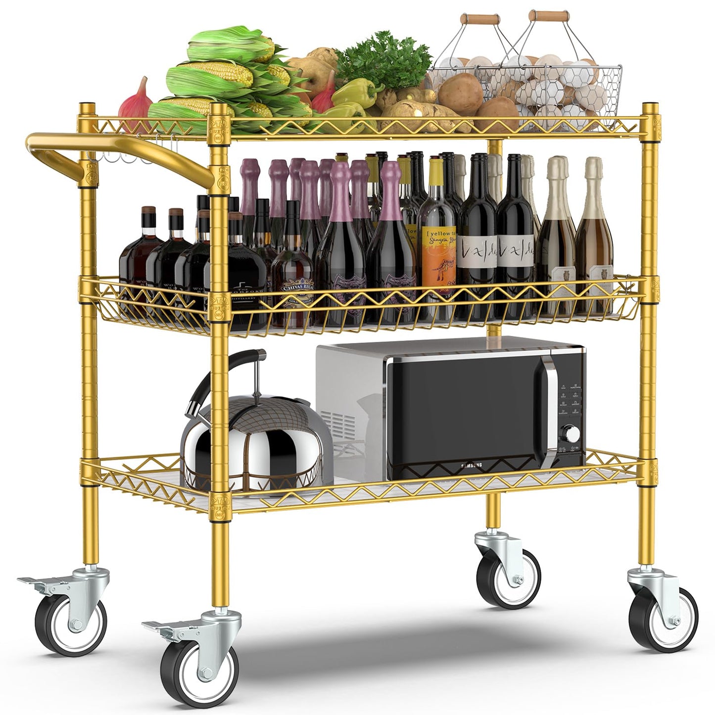 Leteuke 3 Tier Rolling Carts with Wheels,Heavy Duty Utility Bar Cart,NSF Commercial Grade Metal Cart with Handle&Shelf Liner,Trolley Serving Cart for Kitchen,Restaurant,Plant Display,Gold