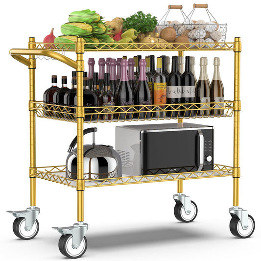 Leteuke 3 Tier Rolling Carts with Wheels,Heavy Duty Utility Bar Cart,NSF Commercial Grade Metal Cart with Handle&Shelf Liner,Trolley Serving Cart for Kitchen,Restaurant,Plant Display,Gold