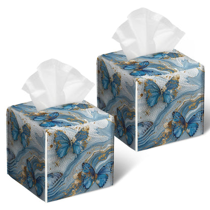Blue Butterfly Tissue Box Cover 2PCS, Marble Leather Tissue Box Holder Square Facial Paper Case Tissue Box Cube Organizer for Bathroom Bedroom Desk Office