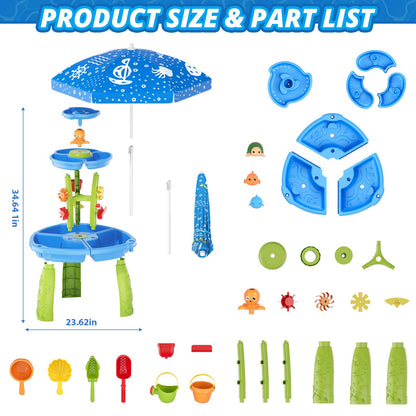 HYES Water Table for Toddlers 3-5, 3-Tier 6 Zones Water Sand Table with Umbrella, Rain Showers Splash Pond Toys for Outdoor Beach Backyard Summer, Kids Activity Sensory Playset for Boys Girls, Blue