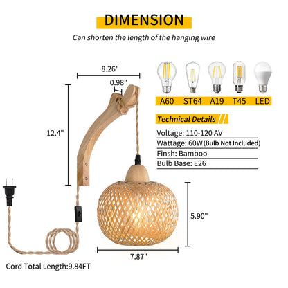 Frideko Bamboo Lantern Plug in Wall Sconces Wicker Wall Lamp with Plug in Cord Hand Woven Rattan Wall Light Farmhouse Rustic Wall Sconces Boho Sconces Wall Lighting for Living Room Bedroom
