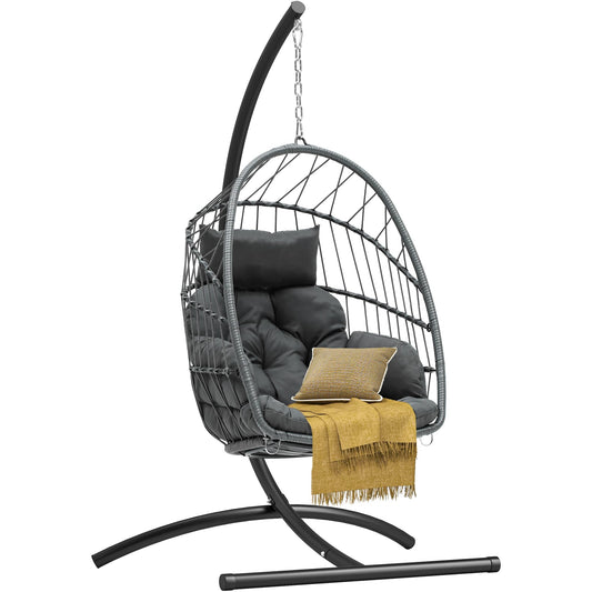 DWVO Egg Chair with Stand, Hanging Outdoor Rattan Wicker Patio Hammock Indoor Egg Chair with Cushion, Hanging Swing Chair 300lbs for Porch, Garden, Bedroom, Balcony, Gray