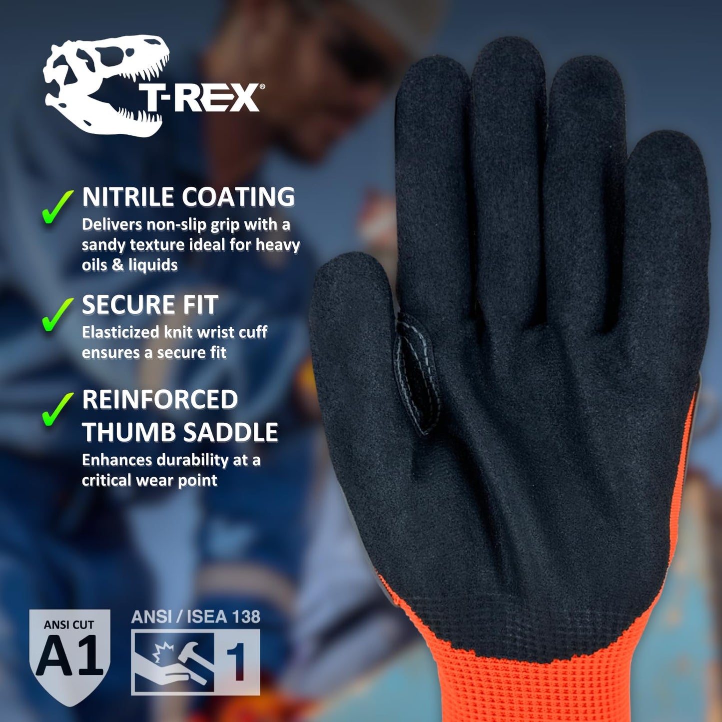 MAGID T-REX Flex Series Sandy Nitrile Coated Knit Impact Gloves, 1 Pair, 10/XL, TRX400