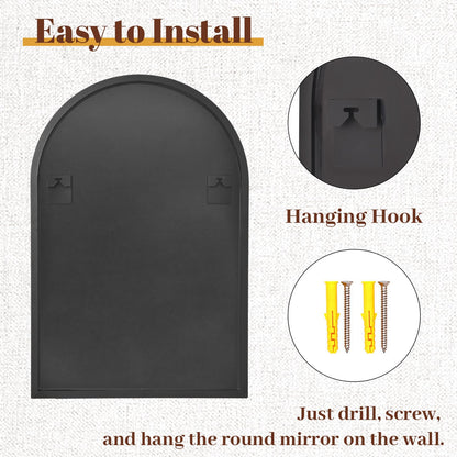 Riskioir 24" x 36" Luxury Arched Bathroom Mirror - Arch Wall Mirror with Shatterproof Tempered Glass and Metal Deep Frame, Hanging or Leaning for Living Room, Dresser, Entrance and Hallway, Black