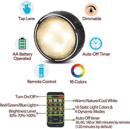 LED Puck Lights with Remote Battery Operated Under Cabinet Lighting Wireless Stick on Lights Color Changing Timer Tap Lights for Cabinets Shelves Closets Display Case - 6Pack Black
