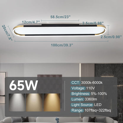 ADISUN Modern LED Ceiling Light Dimmable Linear Ceiling Light 39.4in Semi Flush Mount Long Lights with Remote Control and Down Lighting for Living Room Kitchen Dining Room Black & Gold