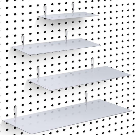 Funrous 4 Pack Pegboard Shelves Wall Organizer Peg Board Shelf Brackets Steel Tray Pegboard Accessories Organizing Tools for Craft Room Home Garage Nursery Workbench Kitchen(Mixed Sizes,Silver)