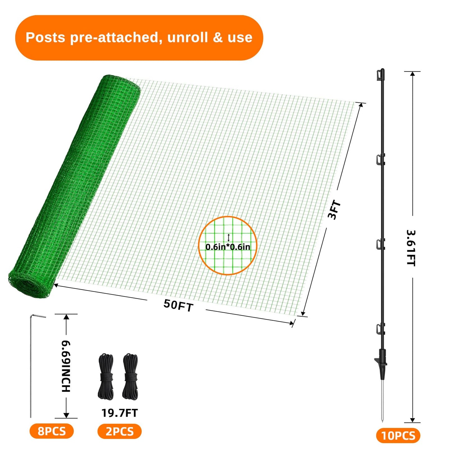 Temporary Fencing, 3' x 50' Portable Dog Fence with 10 Step-in Posts, Ground Stakes & Wind Ropes, Plastic Mesh Snow Safety Barrier for Garden, Backyard, Yard & Outdoor Animal Protection (Green)