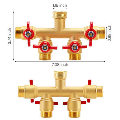 FINEST+ 4 Way Brass Hose Splitter, Solid Brass High Volume 4 Way Hose Splitter Valve with Metal Handle, Hose Connector 3/4", Hose Spigot Adapter 4 Valves with 4 Extra Rubber Washers