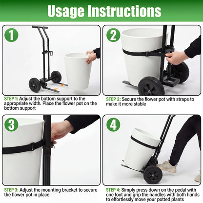 Adjustable Plant Caddy with Wheels, Heavy Duty Plant Dolly Cart w/Grab Arm and Strap Dual Protection, Garden Potted Plant Mover Dolly for Planter Flower Pots Indoor Outdoor, Supports 175lbs, Black