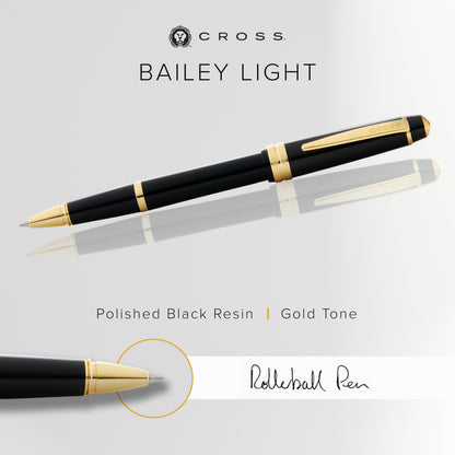 Cross Bailey Light Polished Black Resin and Gold Tone Rollerball Pen - Professional Pen for Effortless Writing - Journaling, Note-Taking & More - Black Ink - Easy Handling - Includes Gift Box