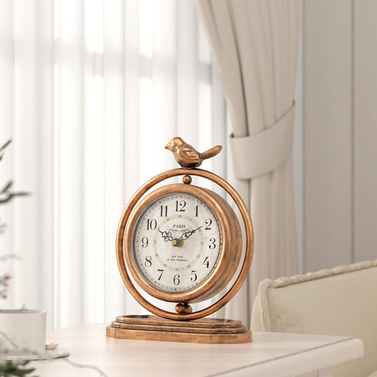 ChimeTide Gold Vintage Table Clock with Bird, European Retro Style Mantel Clocks, Desk and Shelf Decor Clock, for Living Room, Farmhouse, Bedside, Bedroom, Gift (7.9" H x 6.3" W)