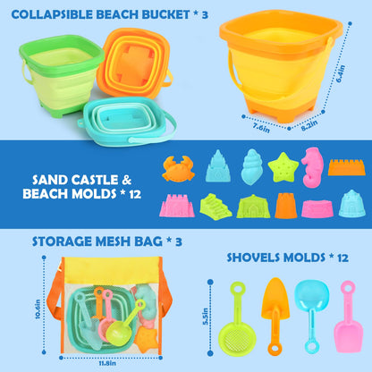 Dreamon Beach Toys for Kids 3-10, Collapsible Sand Toys Include 3 Pack Foldable Buckets with Mesh Bag, 24 PCS Beach Mold and Shovels Molds, Travel Sandbox Beach Toys for Toddler