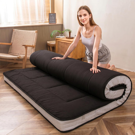 MAXYOYO Futon Mattress, Padded Japanese Floor Mattress Quilted Mattress Topper, Extra Thick Folding Sleeping Pad Breathable Floor Lounger Guest Couch for Camping, Black, Twin