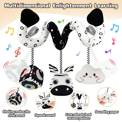 Car Seat Toys for Babies 0-6 Months,Hanging Rattle Toys for Crib Mobile, Baby Spiral Hanging Stroller Black and White High Contrast Toys for Newborn 0 3 6 9 12 Months Baby Boys Girls (Zebra)