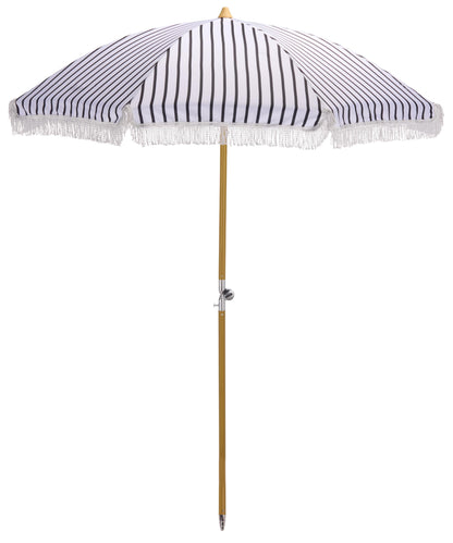 SAFAVIEH Outdoor - Bella 6.5 FT Beach Umbrella - Black Striped Canopy with White Fringe Trim, Tilt Function, Aluminum Pole with Wood Grain Finish, Weather Resistant for Beach, Patio, Garden (PAT8504A)
