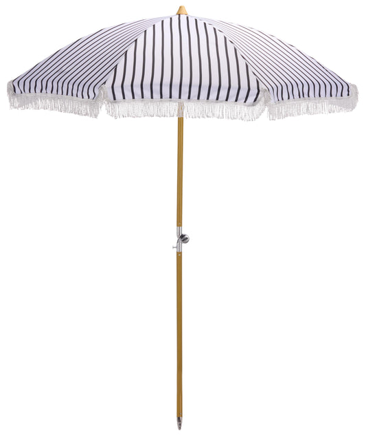 SAFAVIEH Outdoor - Bella 6.5 FT Beach Umbrella - Black Striped Canopy with White Fringe Trim, Tilt Function, Aluminum Pole with Wood Grain Finish, Weather Resistant for Beach, Patio, Garden (PAT8504A)