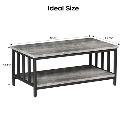 Homeiju Coffee Table for Living Room with Slatted Sides Frame, Modern Farmhouse Living Room Table with 2-Tier Storage Shelf for Home Office, Apartment, 39 inch Grey Wash