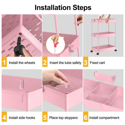 SPACELEAD 3 Tier Rolling Cart with Wheels, Storage Craft Art Trolley Organizer Serving, 3 Hanging Baskets Easy Assembly, for Office, Living Room, Kitchen, Pink