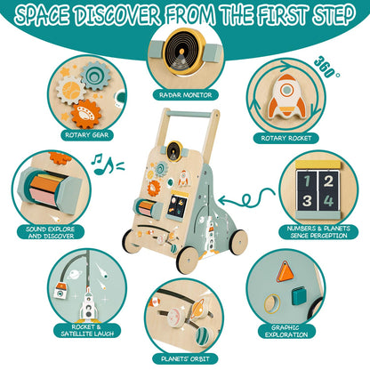 MILEFUN Adjustable Wooden Baby Walker – Montessori Push Toy for 1 Year Old with Rocket-Themed Activity Center, Sit-to-Stand Walker Gift for Boys and Girls