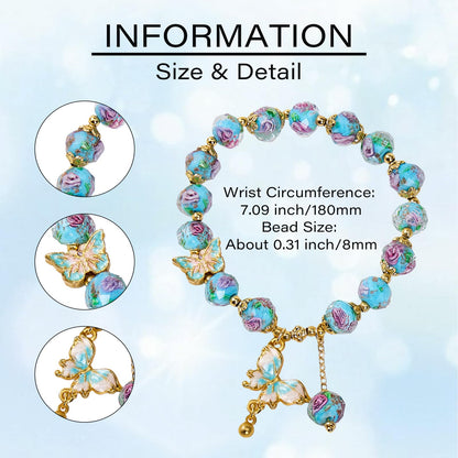 Buddha Stones Blue Butterfly Charm Bracelet for Women, Liuli Flower Healing Bracelet with 8mm Floral Beads, Pastel Stretch Bracelets Jewelry Gifts for Her Mother
