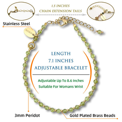 Morchic 3mm Green Peridot Quartz Natural Gemstone Beaded Bracelet for Women, Dainty Charm Jewelry, Adjustable 7.1-8.6", Ideal Birthday Holiday Gift
