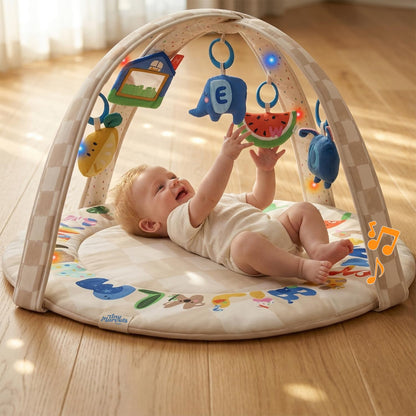 Baby Play Gym & Activity Mat with Light-up Musical Arch, Washable Tummy Time Mat with 6 Detachable Sensory Toys for Motor Skills, Baby Essentials Shower Gift - ABC123
