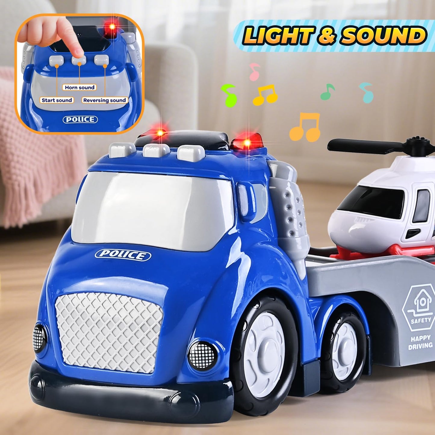 ShyLizard Toddlers Truck Toys,Boy Toys Gifts for 1 2 3 Years Old,5 in 1 City Police Transport Truck with Lights & Sounds,Ideal Birthday for Baby Toddler 12-18M+