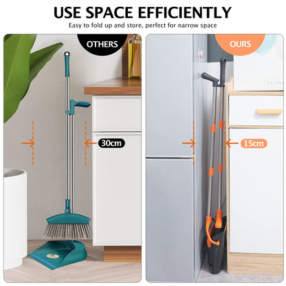 XXFLOWER Broom and Dustpan Set with Long Handle, Light Weight Stainless Steel Poles Stand Upright Dustpans with Broom Combo for Home Kitchen Office Pet Dog Hair, Black & Orange Color, 1-Pack