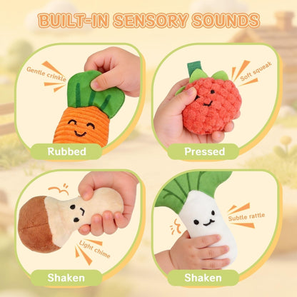 Baby Sensory Toys Plush Fruits and Vegetables, Plush Farm Developmental Toys 6-12 Months for Toddlers with Crinkle Rattle Squeaker Textures, 9 PCS Pull Out Fine Motor Skill Toddler Learning Toys