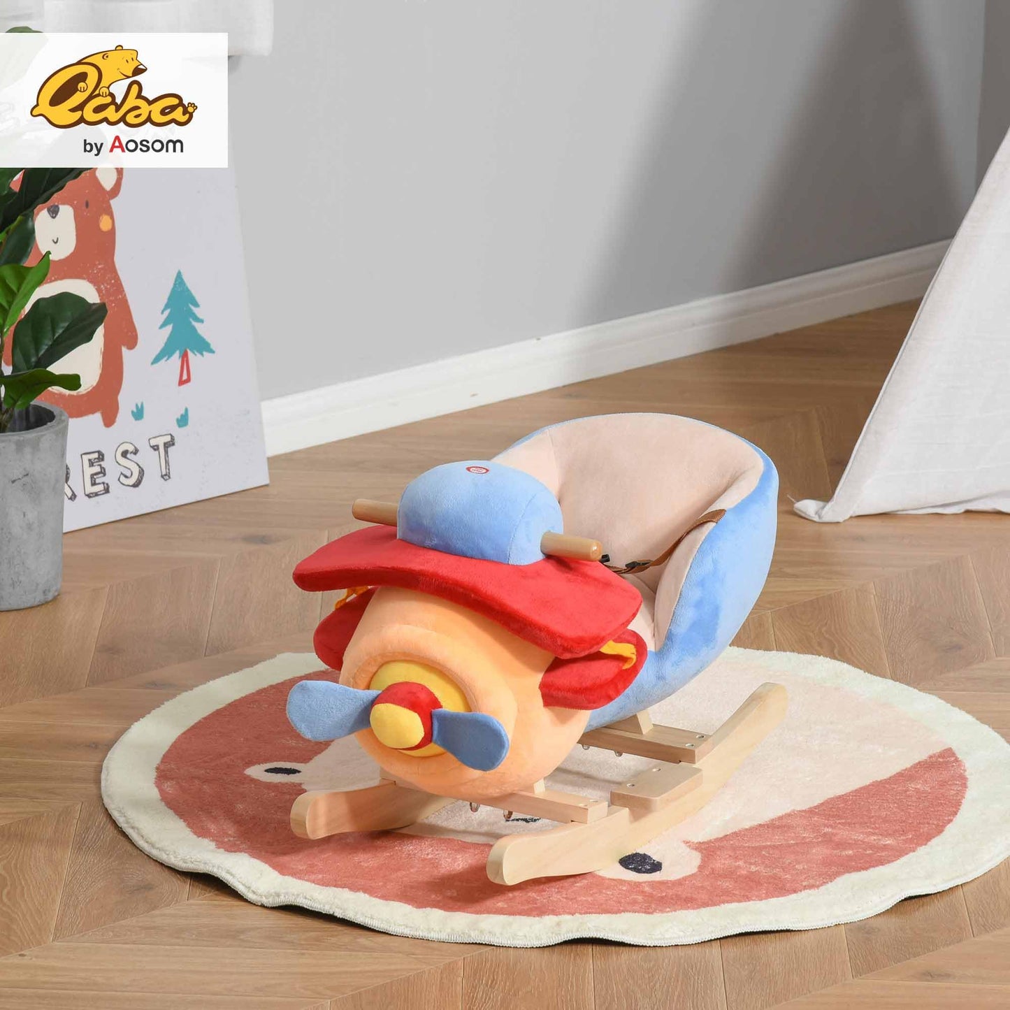 Qaba Kids Rocking Horse, Wooden Plush Ride-on Plane Chair Toy with Lullby Song and Seat Belt for 18 Month +