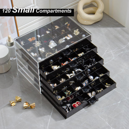 YUFONG Earring Storage Box Organizer, Acrylic Jewelry Storage Box Holder 5 Drawers Transparent Jewelry Display Stand with 120 Small Compartments Gift Boxes for Women Girls (Black)